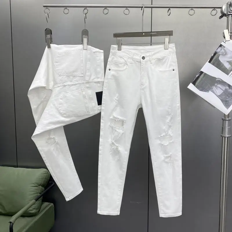 

Ripped Jeans Men's Summer Thin Casual Elastic Versatile White Jeans Men's Korean Trendy Pants denim men clothing cargo pants