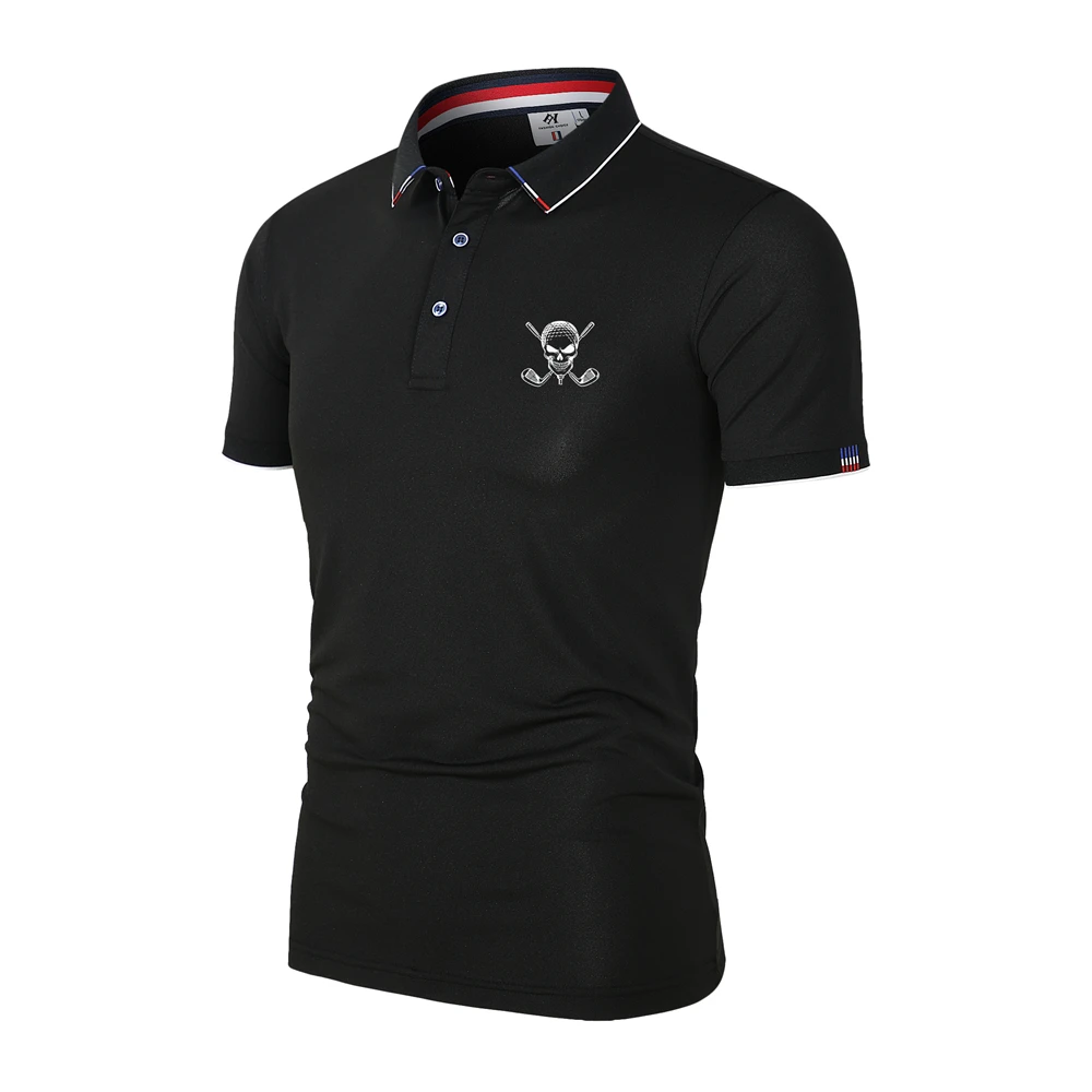 Homens Crânio Golf Logo Polo, Moda Personalizada, Slim Fit, Secagem Rápida, Esportes ao ar livre, Roupa de Lazer, Novo