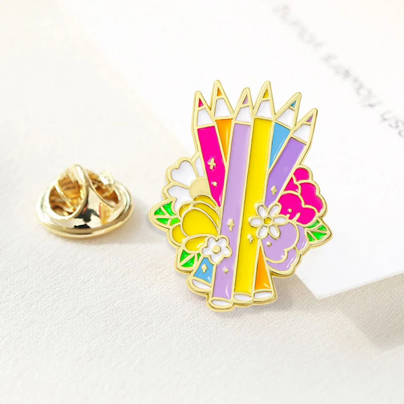 Cartoon Flowers Colored Pencil Enamel Brooch Art Drawing Daisies Tulip Pencil Crayon Metal Badge Clothing Bag Lapel Pin Jewelry