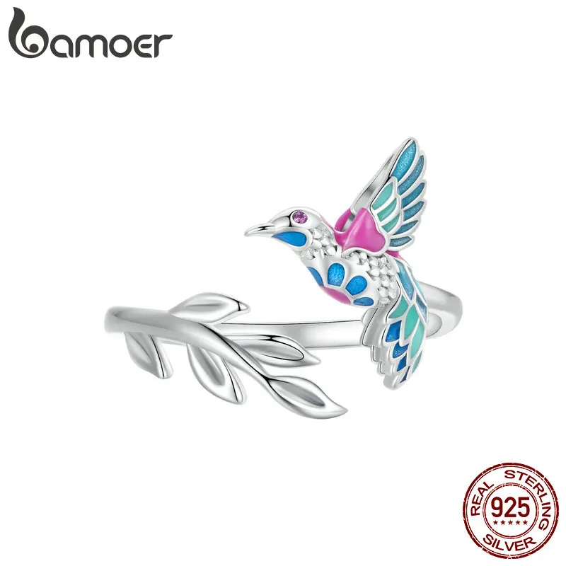 Bamoer 925 Sterling Silver Kingfisher Opening Ring Colorful Enamel Bird Adjustable Ring for Women Party Fine Jewelry Gift