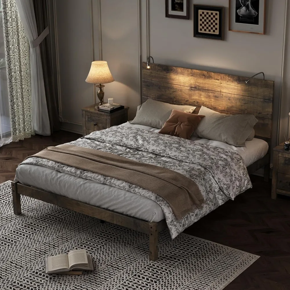 Wood Queen Bed Frame with Headboard, Farmhouse Bed Frame Queen Size with Two Bedside Lights, Rustic Vintage Platform Bed Frame