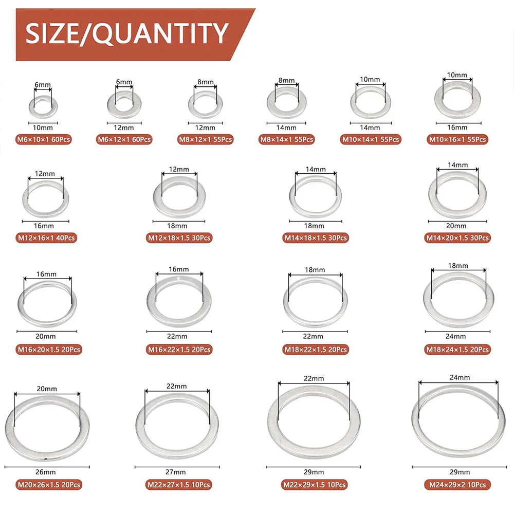 600pcs crush washer oil drain plug, aluminum flat washers assortment kit oil plug crush gasket m6,M8,M10,M12,M14,M16,M18,M20,M22