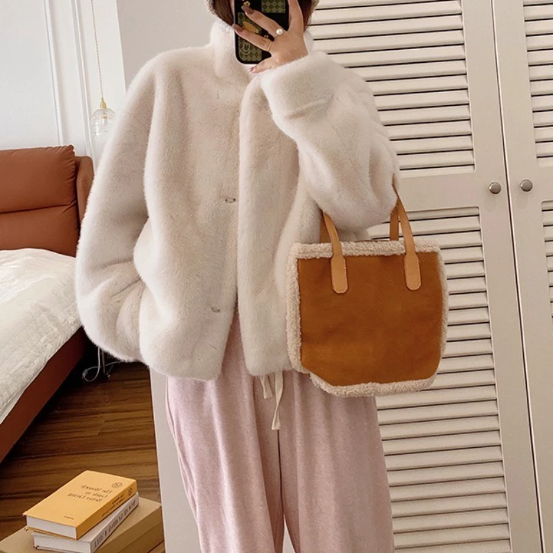 Fur-integrated Short Stand Collar Mink Fur-like Women's Coat 2025 Autumn and Winter Fashion Commuter Faux Fur