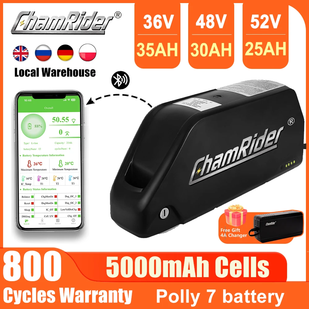 Chamrider Polly 48V 30AH Ebike Battery Downtube 52V Electric Battery BluetoothBMS Original 21700 Lithium lion Battery 18650 Cell