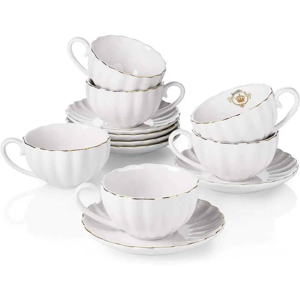 

Gold-Trimmed Porcelain Tea Cup and Saucer Set, 6-Piece British Style, White, 8 oz