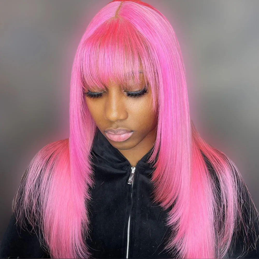 

Pink Colored Human Hair Wig With Bangs 13x4 Lace Front Wig 100% Human Hair Straight Pre Plucked 613 Lace Frontal Wig For Women