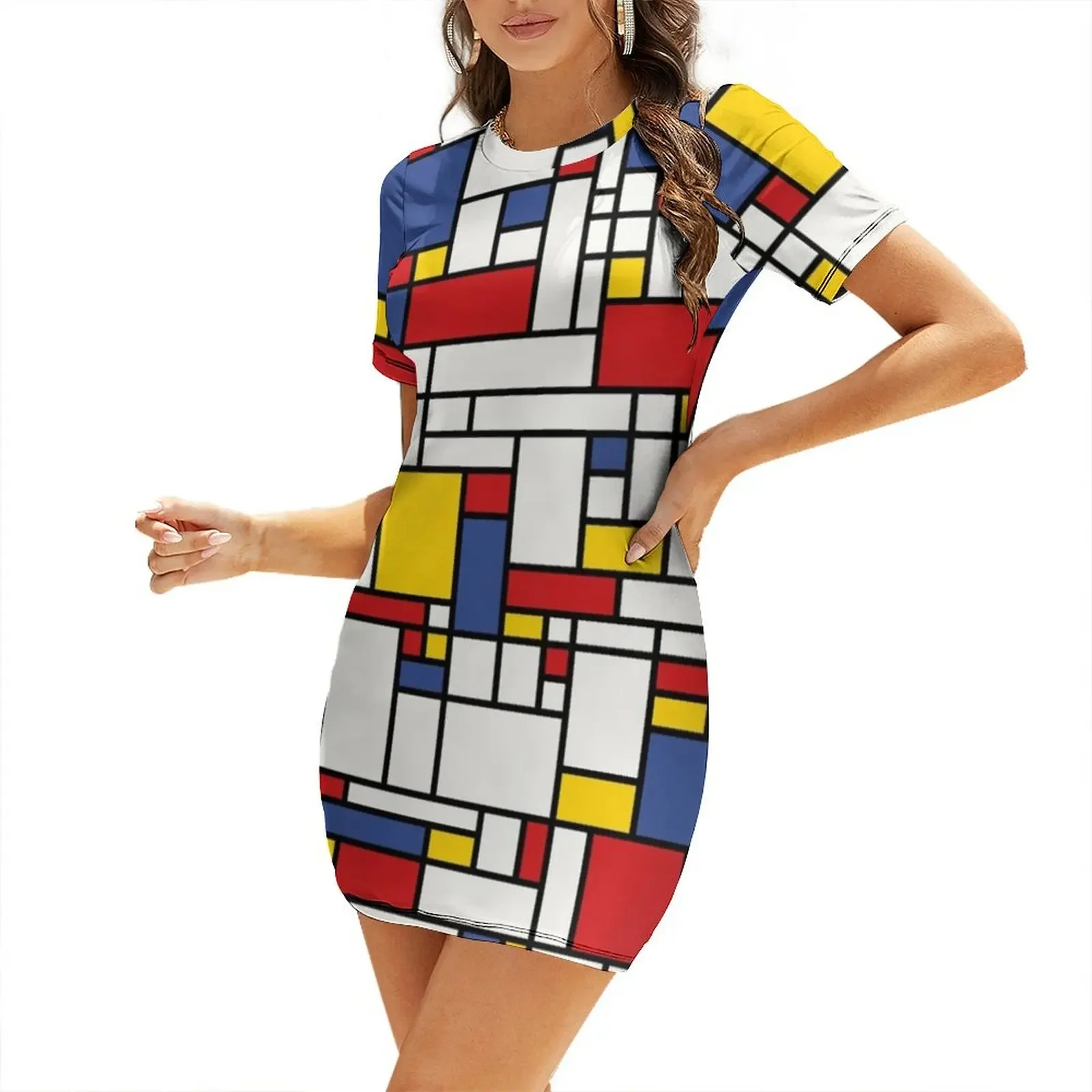 

Piet Mondrian Abstract Pop Art 1960s Red Blue Yellow Rectangles Short-Sleeved Dress birthday dress for women Dress