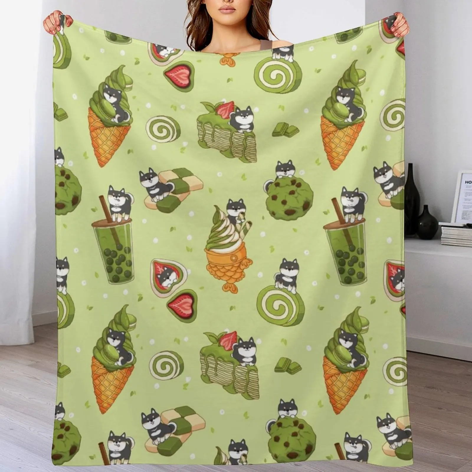 

Black Shiba Inu with Japanese desserts - Green Throw Blanket Soft Plaid Sofas Blankets