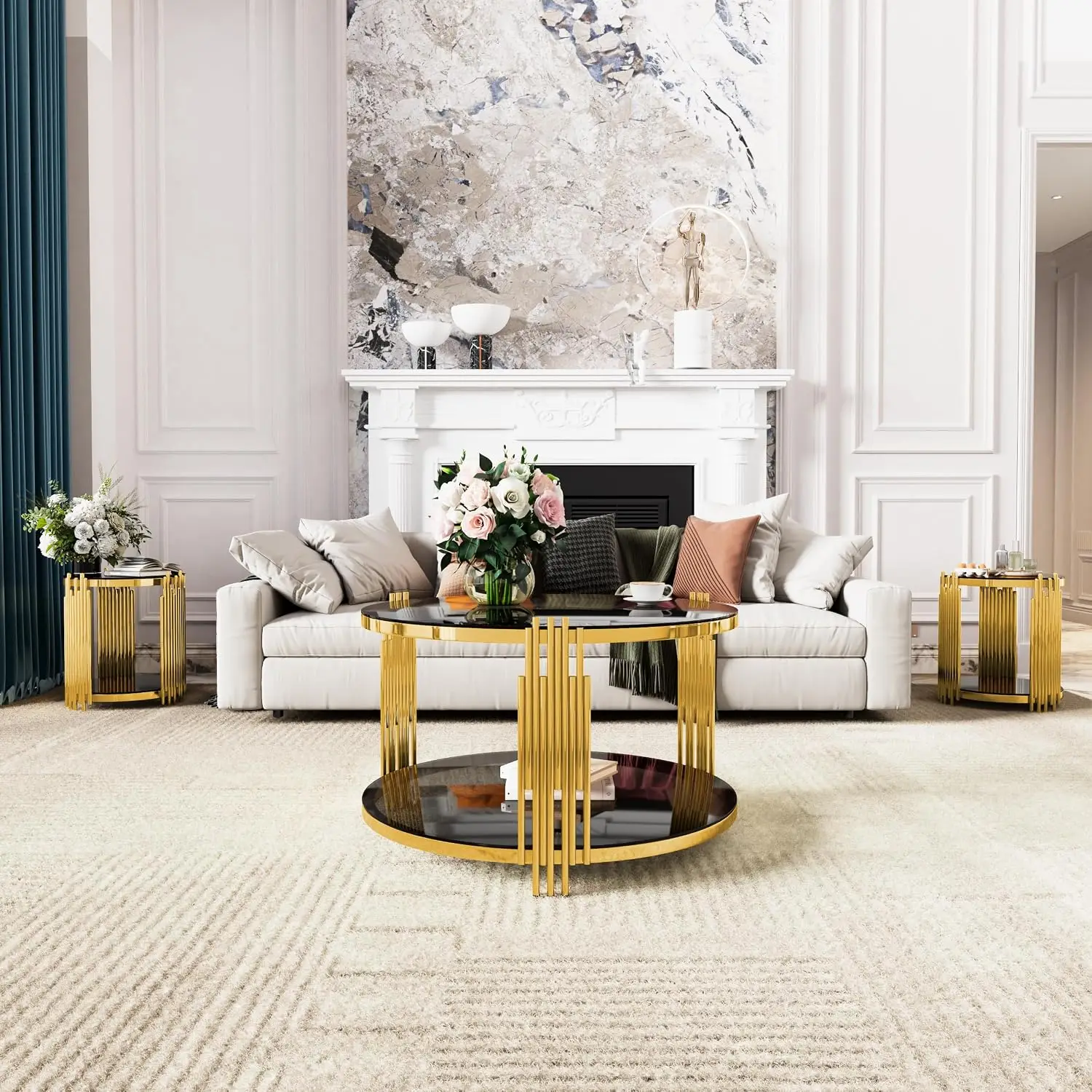Round Glass Table Set of 3, Tempered Glass Top, Asymmetrical Metal Frame, Gold Finish & Lower Shelf, 31.5