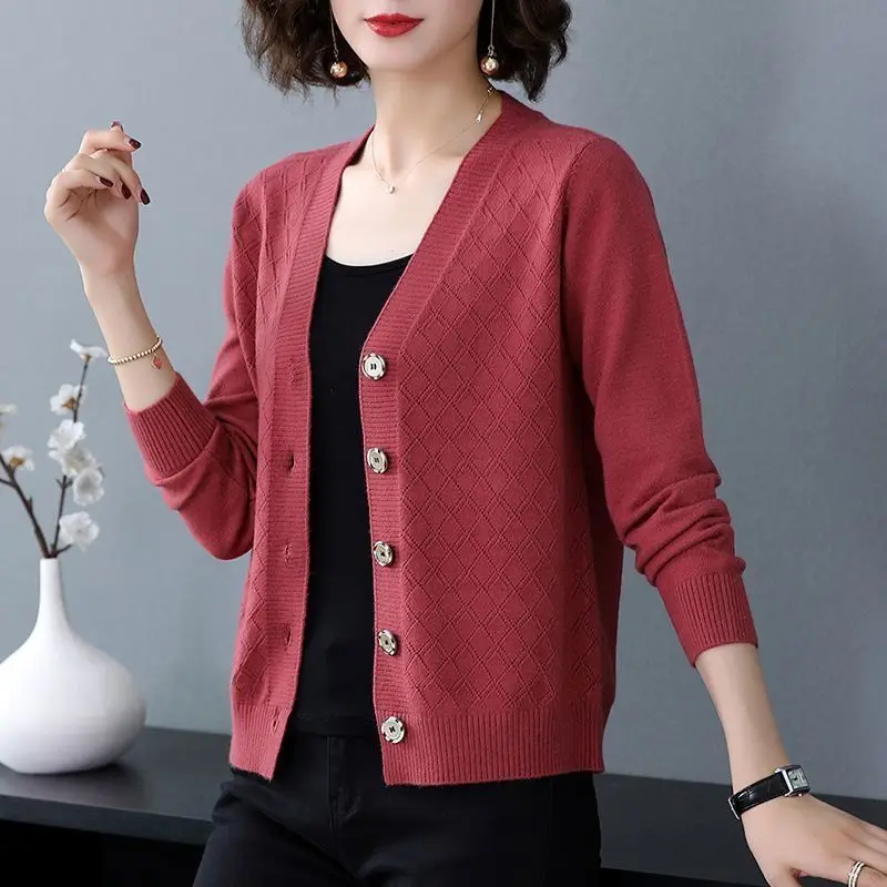 Solid Sweaters Casual Ladies Buttons Cardigan V-neck Tops Autumn Winter Thin V-neck Coat 2023 New Women\'s Clothing Knitting