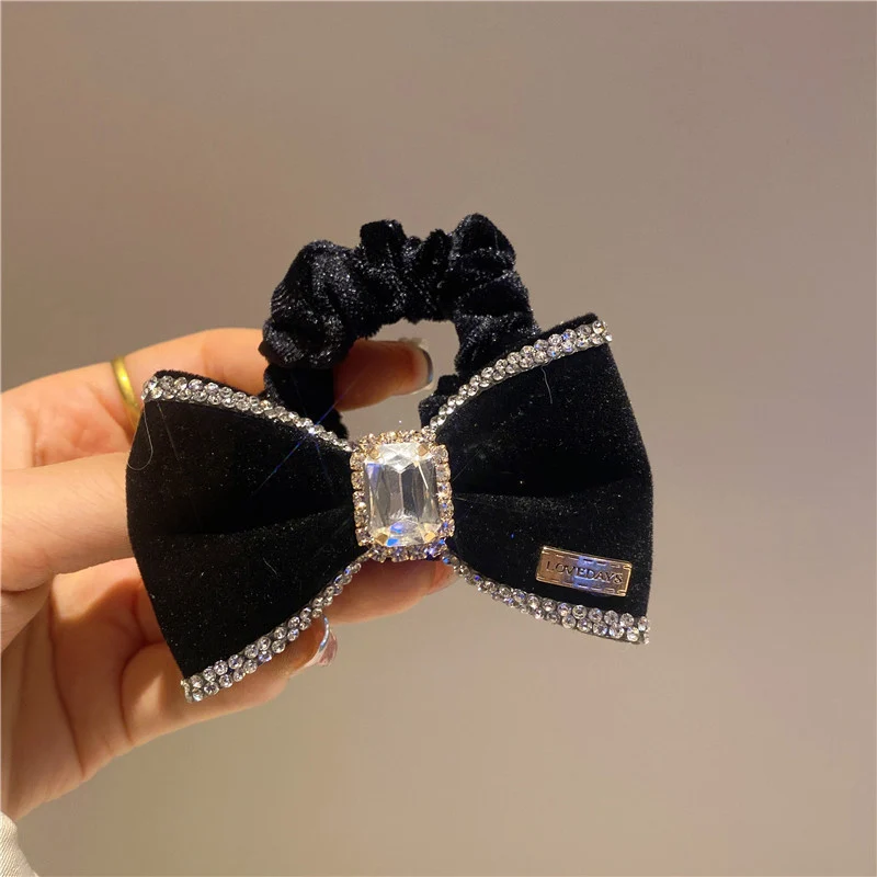 Inlaid Gemstones Glitter Big Bow Hair Rope For Women Bows Elastic Ponytail Soft Plush Hair Tie High-end Flower Hair Accessories