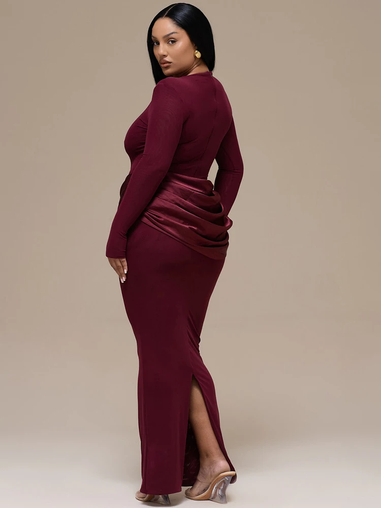 ジュリッサ・モ 長袖ラウンドネック レディース マキシ丈ワンピース コーヒー パッチワーク サテン スリット入りワンピース 秋冬 スリム エレガント パーティー クラブドレス