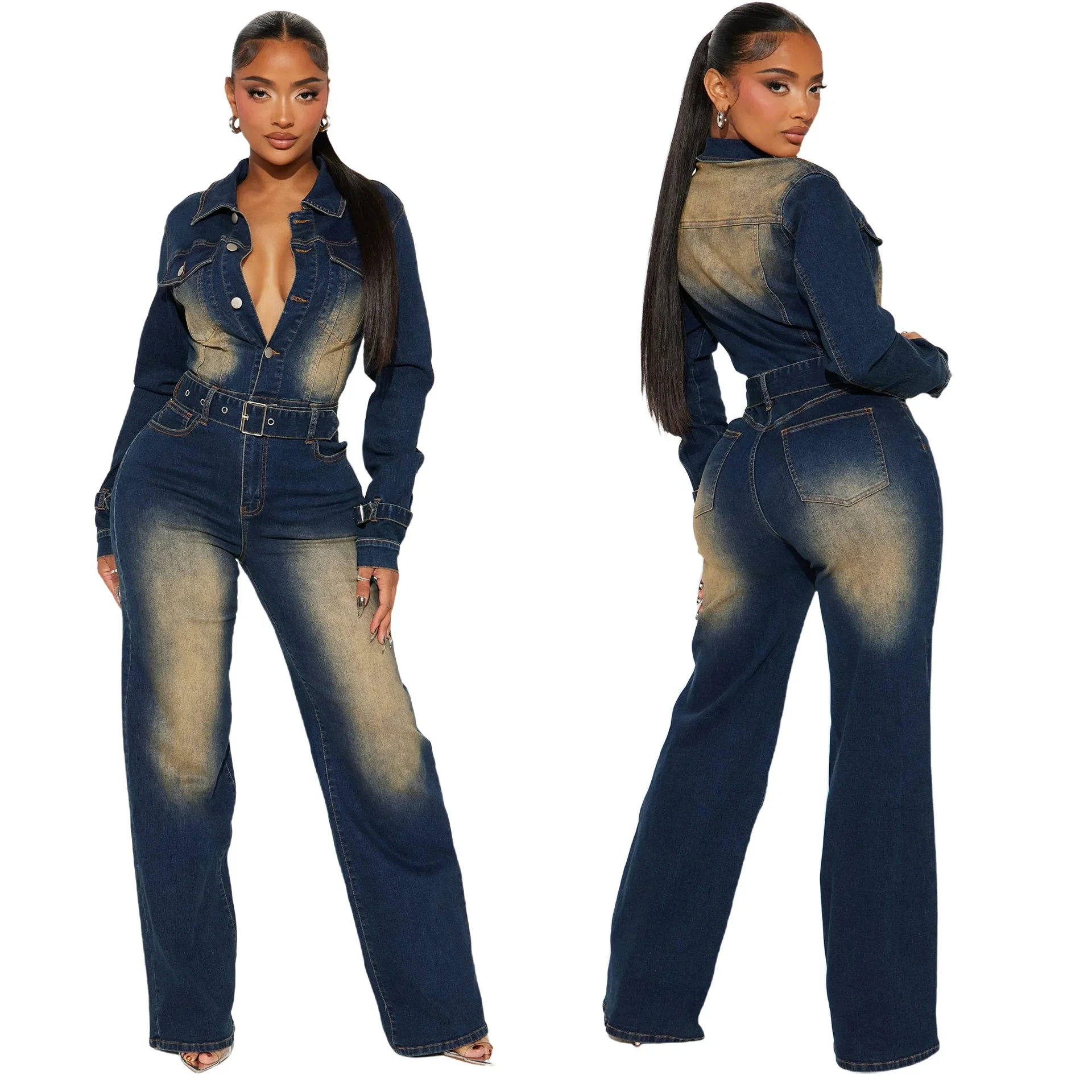 

Women Multi Pocket Belt Cargo Denim Washed Long Sleeve Jumpsuits 2024 Fall Oufits Street Club One Piece Jeans Rompers