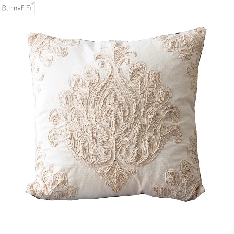 Beige Euro Rope Thread Embroidery Cushion Cover Home Decoration Linen Cotton Boho Style Ethnic Pillow Cover 50x50cm Pillow