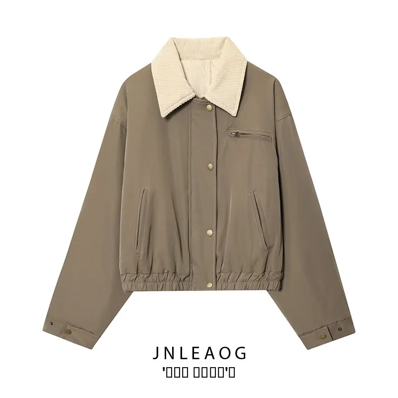 

JNLEAOG Autumn New Faionable Loose Cotton Jaet Women's ort Outerwear Polyester Fabric Long Sve Zipper Closure