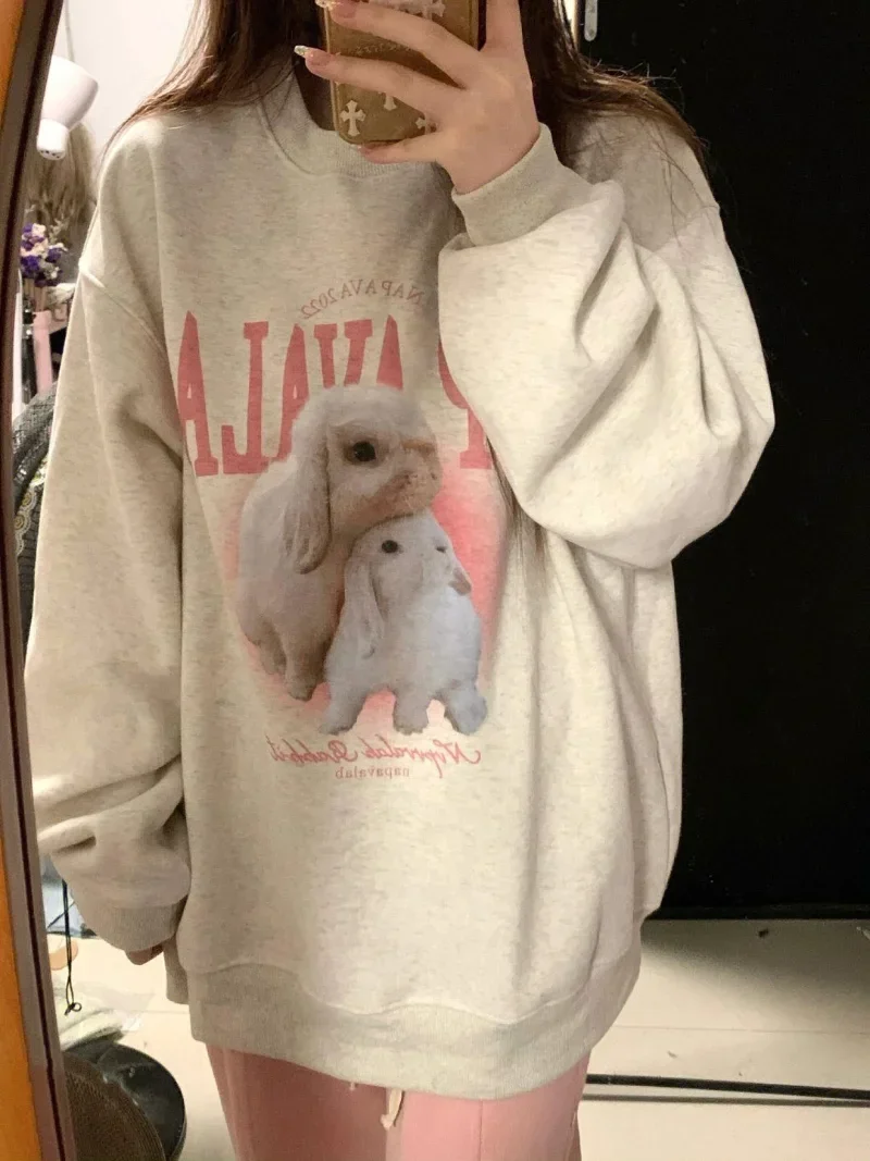 American Fleece Chic Rabbit Pink Print Sudadera Vintage Autumn O Neck Loose Hoodie Y2k Pullovers Women Sweatshirt Long Sleeve