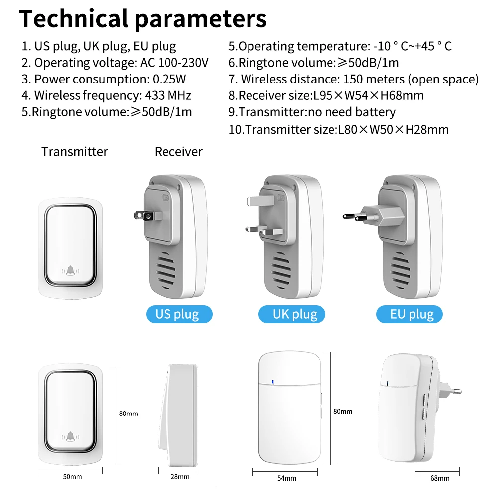 QNCX Wireless Doorbell Self-powered Chime Door Bells No Battery Required Button Home Welcome Outdoor Ding Dong Machine US/EU