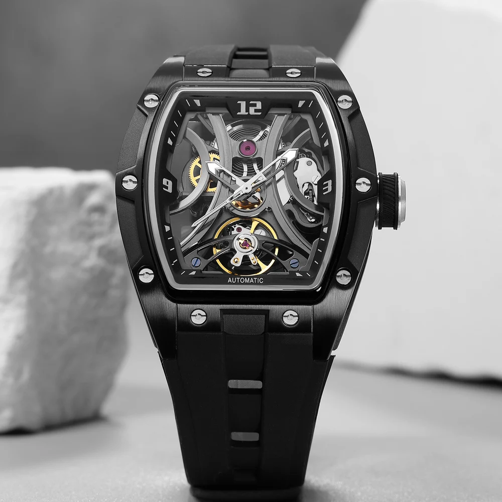 MEGIR 2245 Tonneau Skeleton Auto Watch Men Luminous Hands Steel Case Silicone Band Luxury Hollow Mechanical Male Wristwatch view 3
