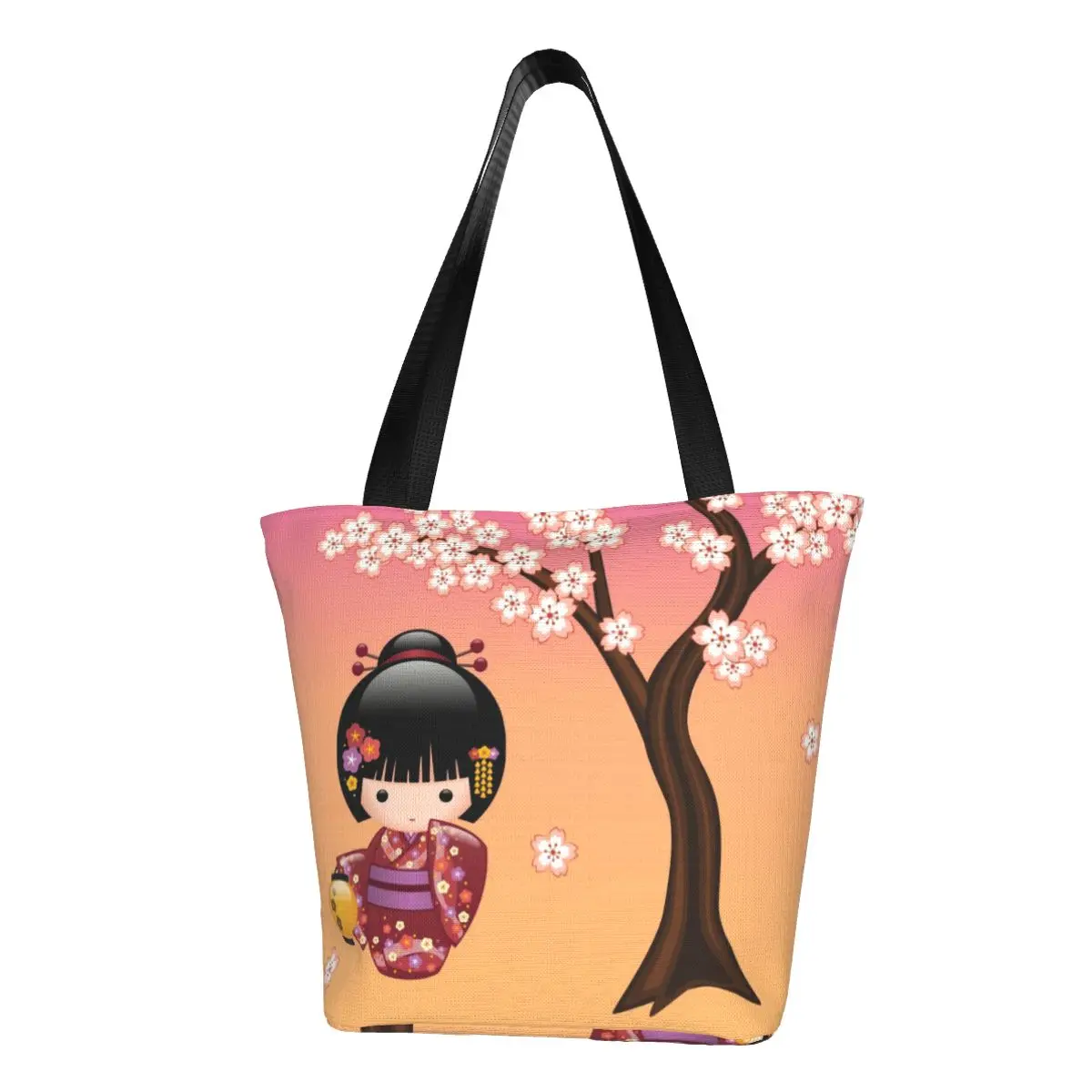 Custom Japanese Sakura Kokeshi Doll Shopping Canvas Bags Women Reusable Grocery Geisha Tote Shopper Bags