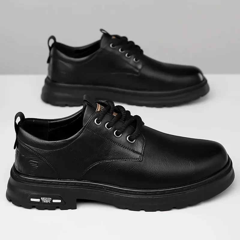 Men's Casual Leather Shoes Designer Trendy All-match Platform Business Breathable Leather Boots Zapatos De Hombre Black Color