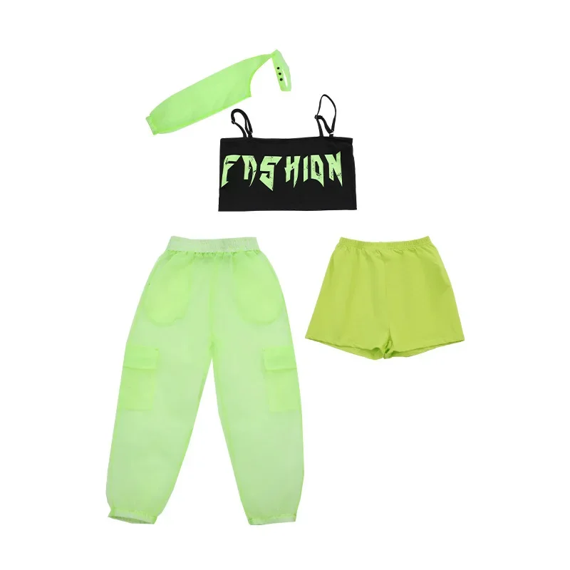 Hip Hop เสื้อผ้าเด็กหญิง Jazz Street Dance เครื่องแต่งกายสีเขียว Single Sleeved Crop Tops กางเกงตาข่ายเด็กชุดประสิทธิภาพ