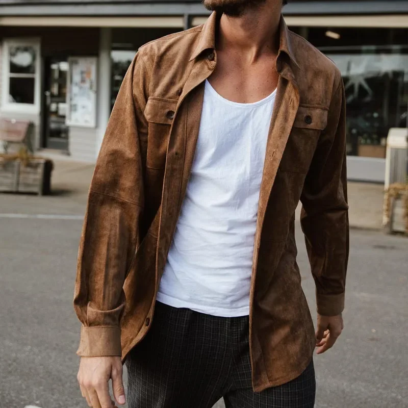 

New Casual Men's Shirts for Autumn and Winter, American Retro Trendy Solid - Color Lapel Single - Breasted Cardigans S-XXL