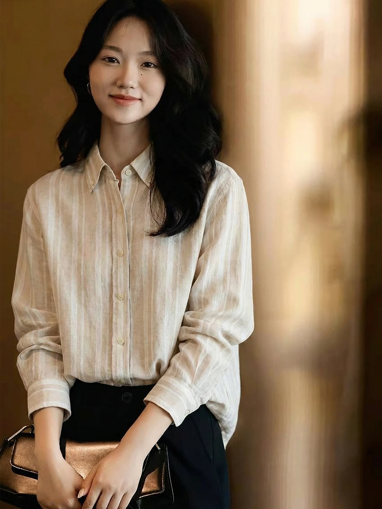 

Женская льняная рубашка Chivirin Gentle Sle свободного кроя с длинным рукавом в полоску, весенняя новинка, для повседневной носки, комфортная и дышащая