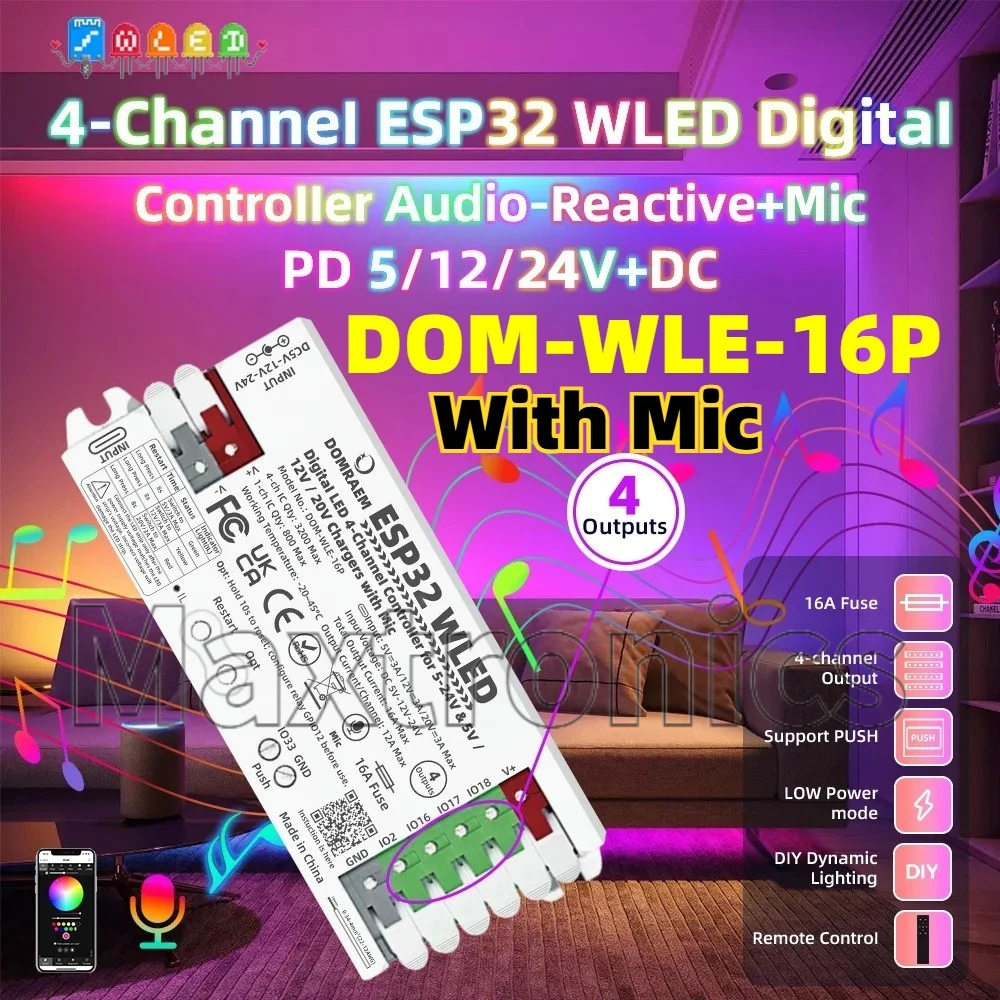 4 Outputs DOM-WLE-15P/16P/18P PD ESP32 WLED Digital LED Controller Dual PSU 5V/12V/20V for WS2811/12B SK6812 APA102 LEDs Lights