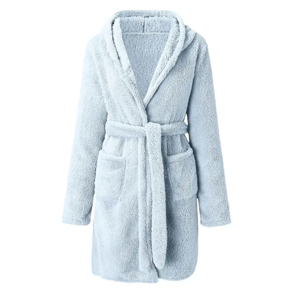 Tie Waist Nightgown Cozy Women\'s Winter Hooded Nightgown Robe Set with Pockets Plush Flannel Bathrobe for Home Sauna Vacation