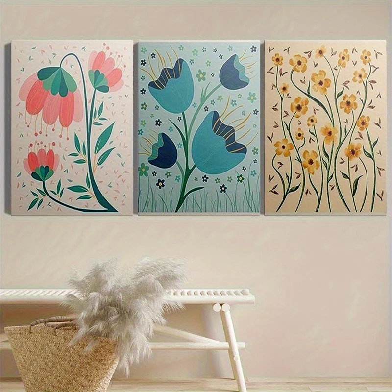 [اختيار شعبي] لوحة مطبوعة، مجموعة ملصقات سوق الزهور العتيقة مكونة من 3 قطع - طباعة فنية جدارية تجريدية ملونة لسوق الزهور، بسيطة