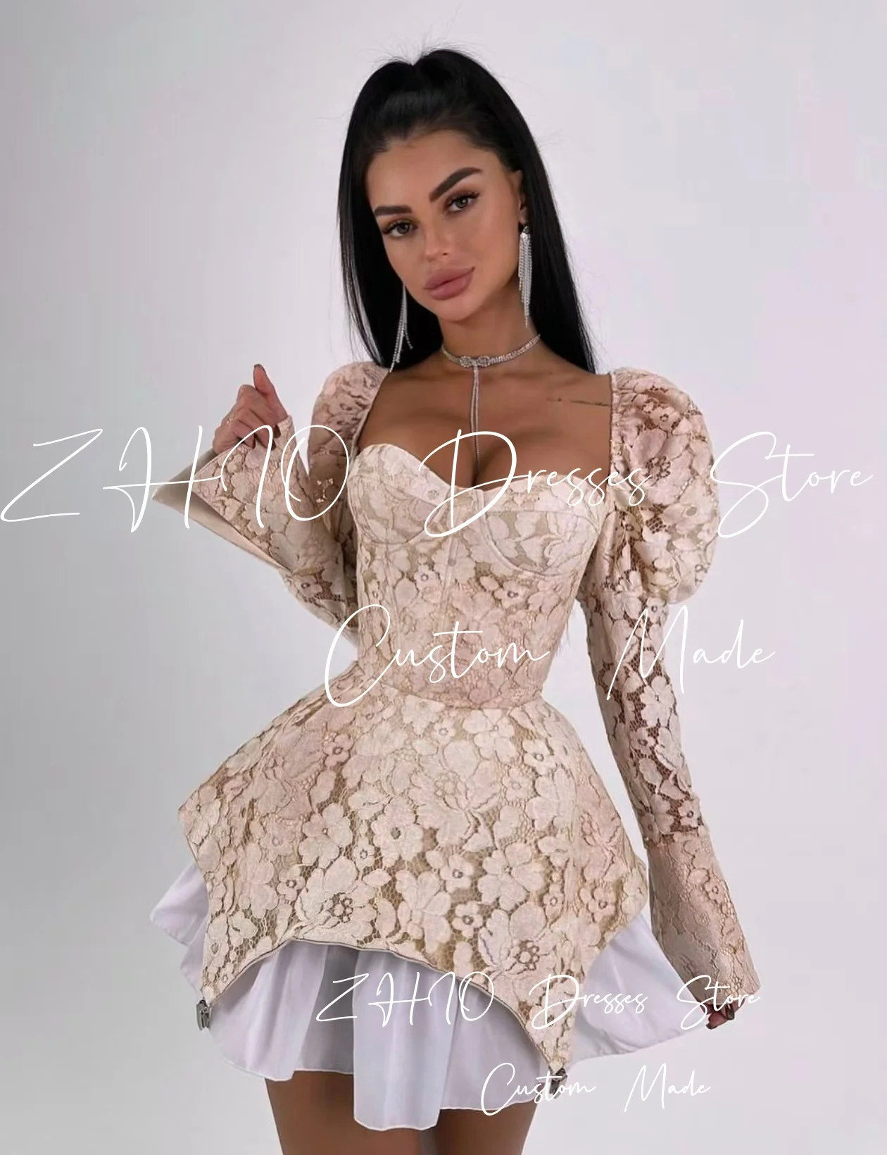 ZHIO فساتين حفلات زفاف صغيرة من الدانتيل العتيق بأكمام طويلة متدرجة للمناسبات الخاصة فساتين احتفال قصيرة فستان حفلات مخصص #5