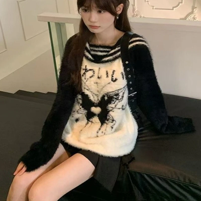 سترات نسائية على طراز ديبتاون بريبي كاواي على الطراز الياباني بياقة بحاري سترات هاراجوكو بلوفرات محبوكة دافئة كبيرة الحجم #5