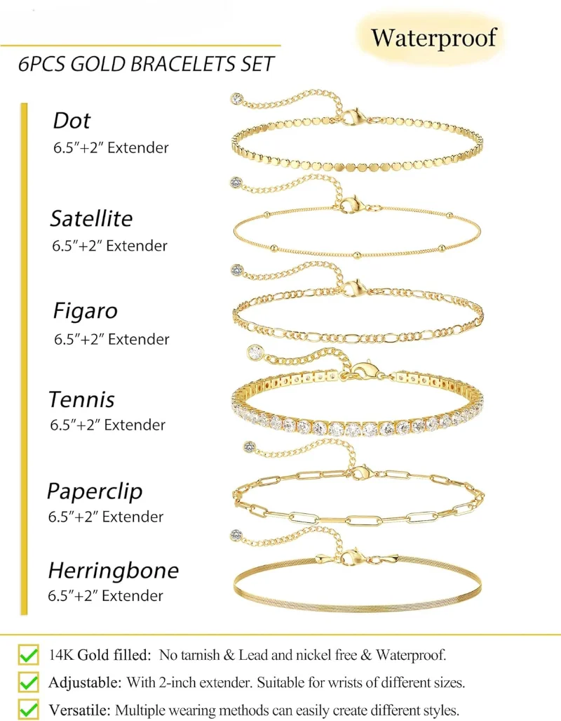 Waterproof Gold Bracelets Set for Women, Dainty 14K Real Gold Plated Tennis Beaded Figaro Herringbone Paperclip Link Bracelet
