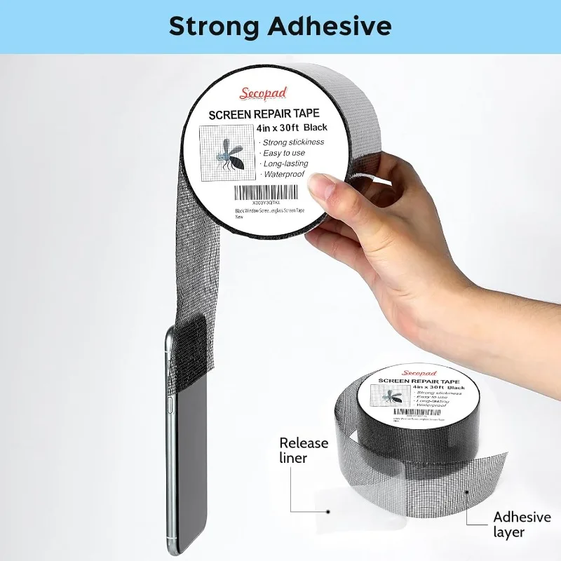 Black Window Screen Repair Kit, 4 in X 30 FT Screen Repair Tape for Windows or Doors, Strong Adhesive Fiberglass Mesh Patch Tape