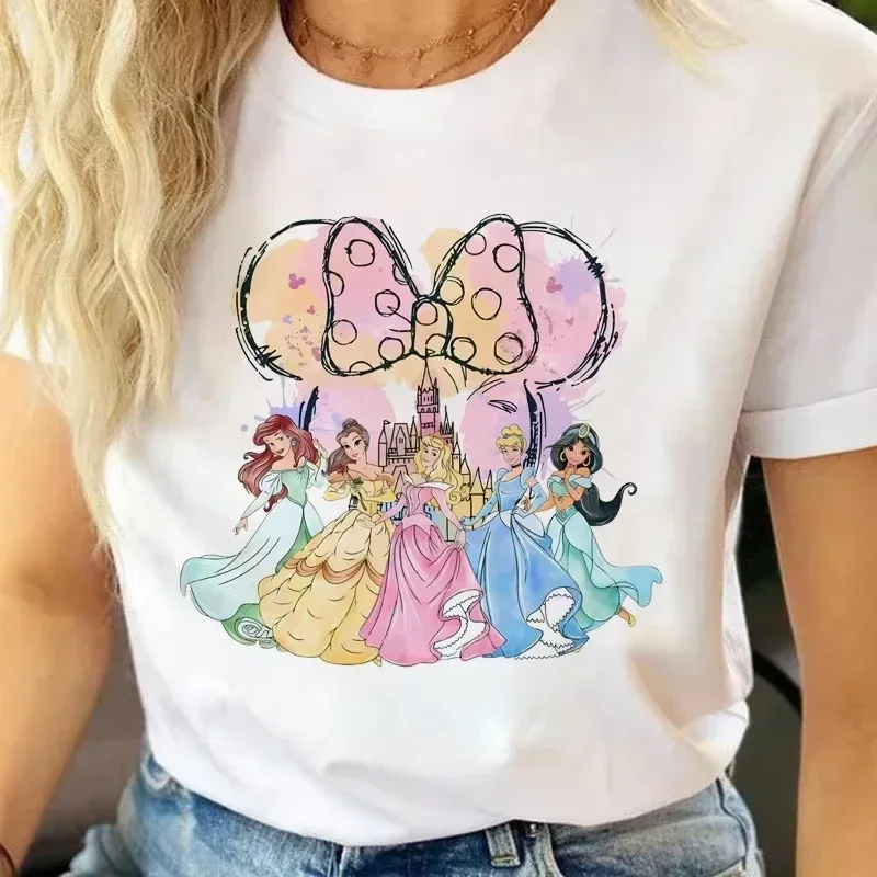 Mode Disney princesse imprimé t-shirt aquarelle château magique princesse femmes t-shirt manches courtes col rond femme vêtements
