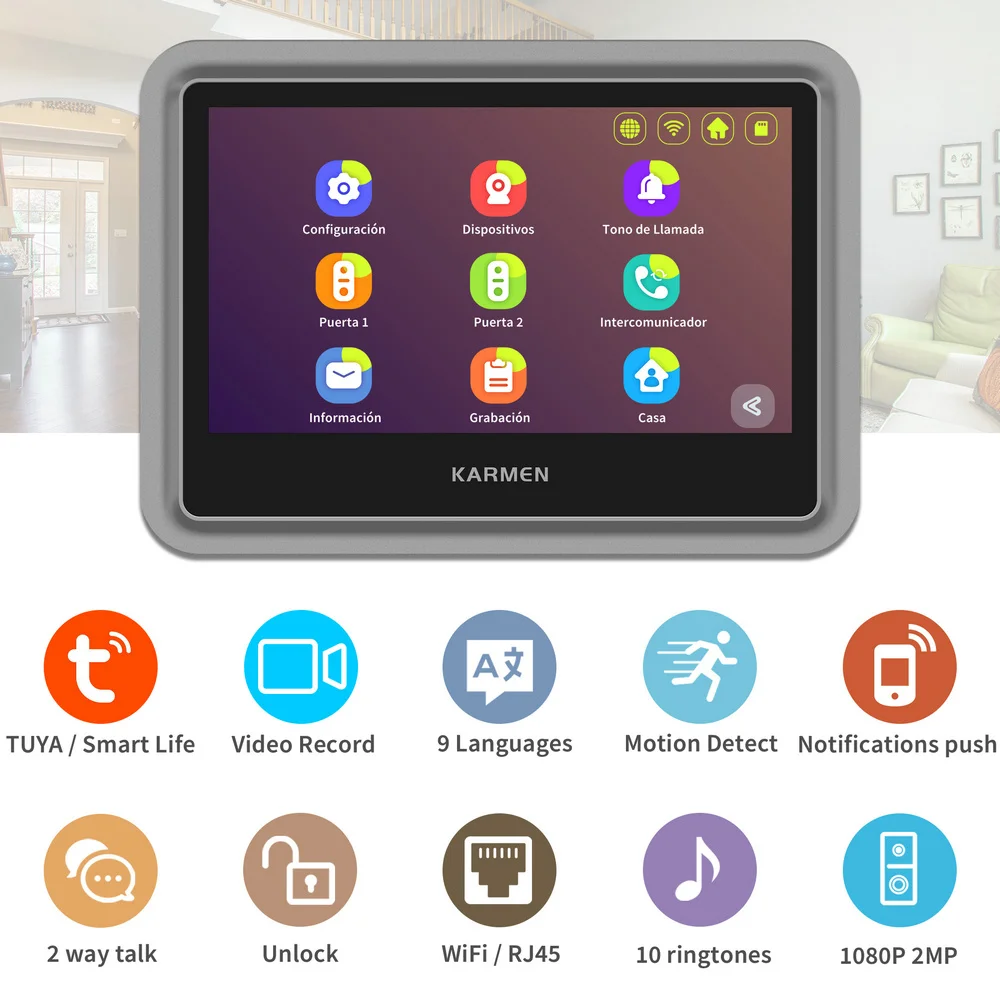 KARMEN Tuya Video Door Phone WiFi,Smart Intercom for Home,Touch Screen,Motion Detect,Video Record,Smart Phone Control,Unlock