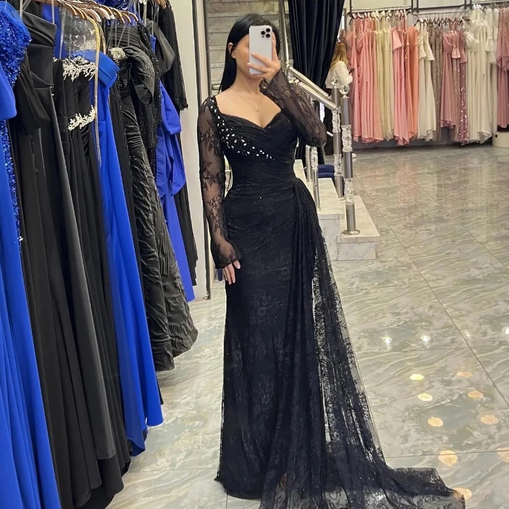 

Black Lace Bead Long Sleeve Bespoke Occasion Gown Evening Dresses Pastrol Unisex Jersey Retro Dubai Saudi Arabic Prom Customized