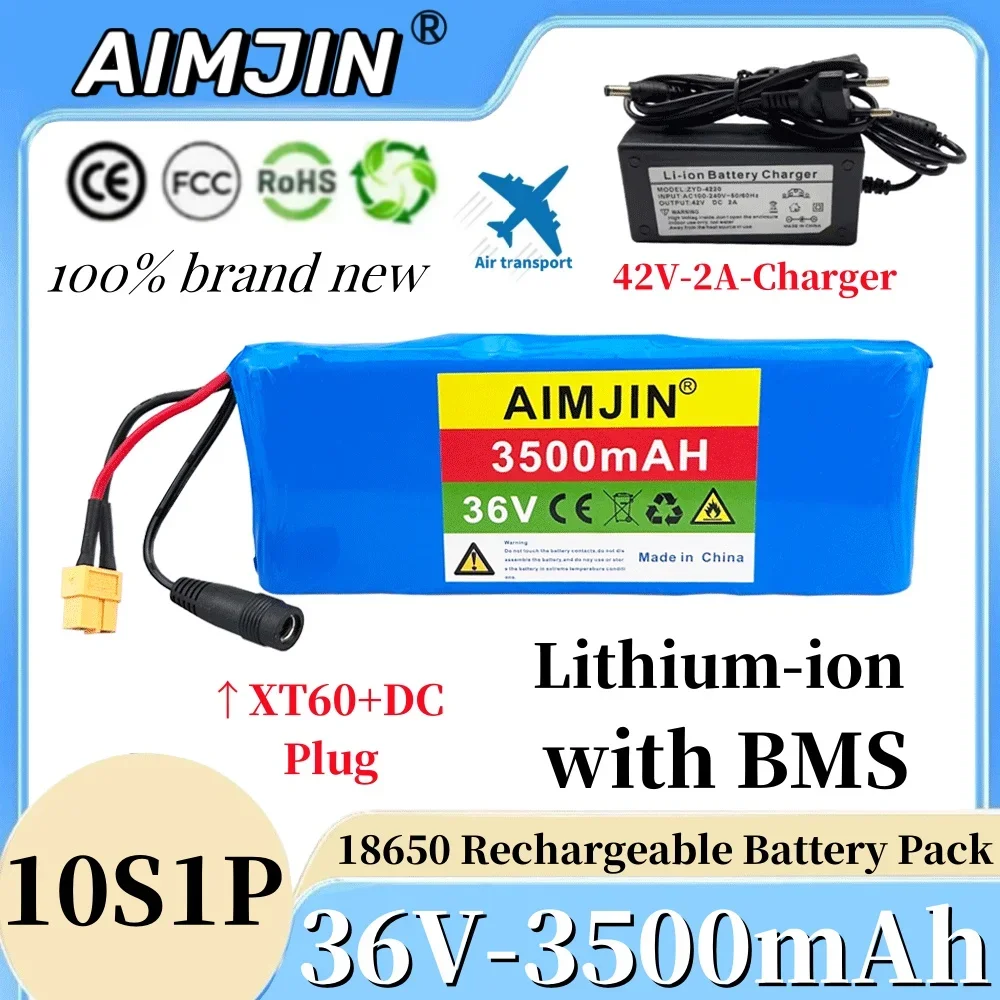 

New 10S1P 36V 18650 3500mAh Li-ion Battery Pack for Electric Bicycle Scooter Wheelchair with BMS Backup Battery+42V 2A charger