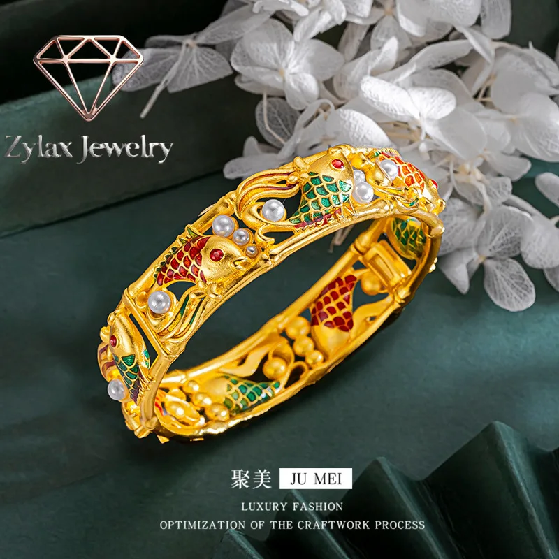 Zylax Jewelry Luxury 24K 9999 Pure Gold real gold Burned Blue Buckle Pearl Koi Women's Open Bracelet Bracelet