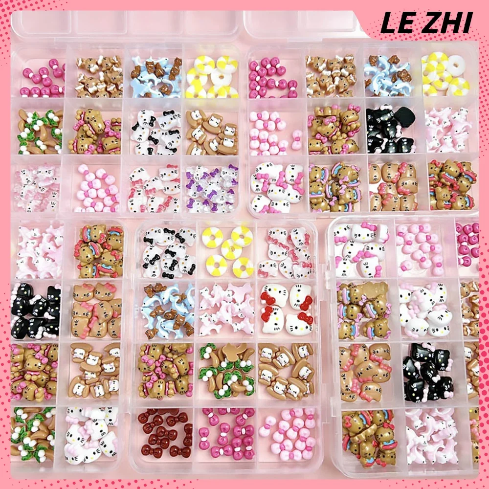 12-Lattice Resin Mixed Size Diy Nail Accessories Black Skin Hellokitty Cartoon Maiden Heart Cat Head Art Charms Party Stickers