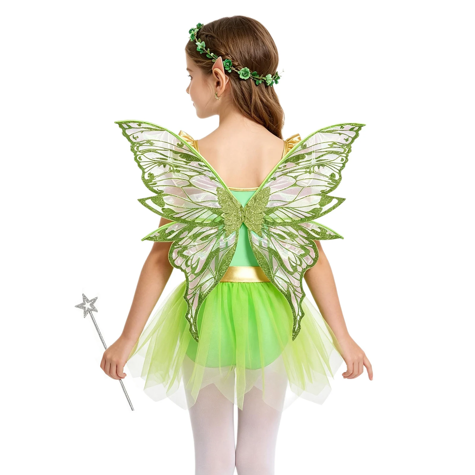 Kids Girls Halloween Fairy Green Elf Cosplay Costume Flying Sleeve Mesh Overlay Leotard with Butterfly Wing Garland Elf Ears