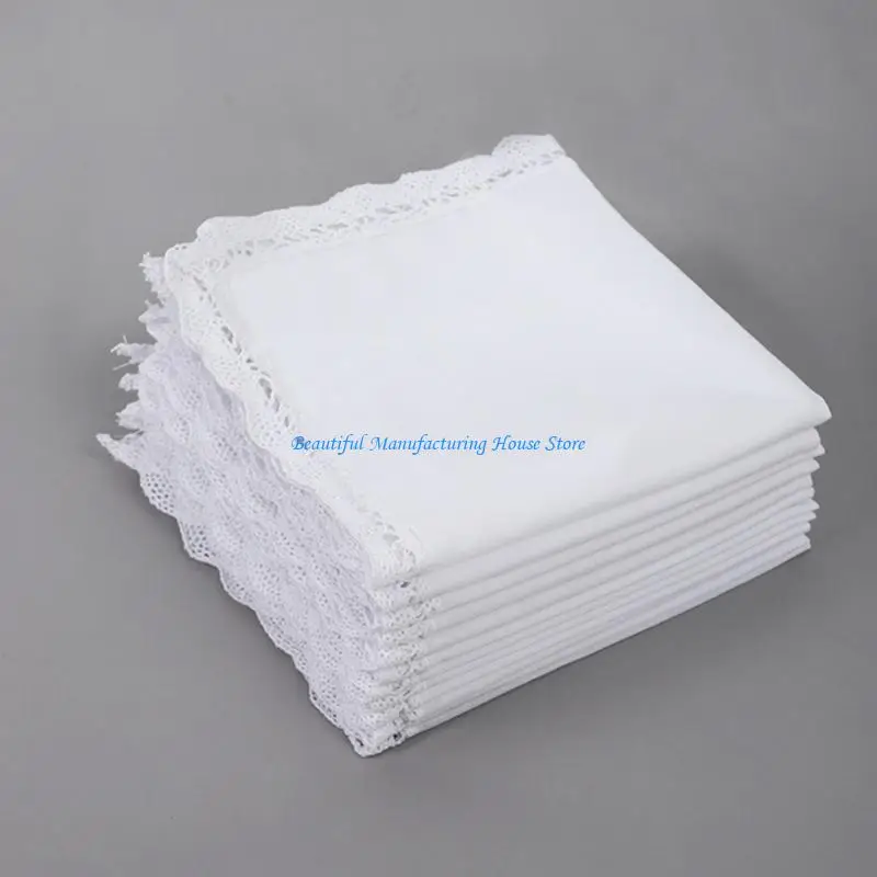 E56A Women's Wedding Handkerchief White Cotton Handkerchiefs Ladies Hankies with Lace