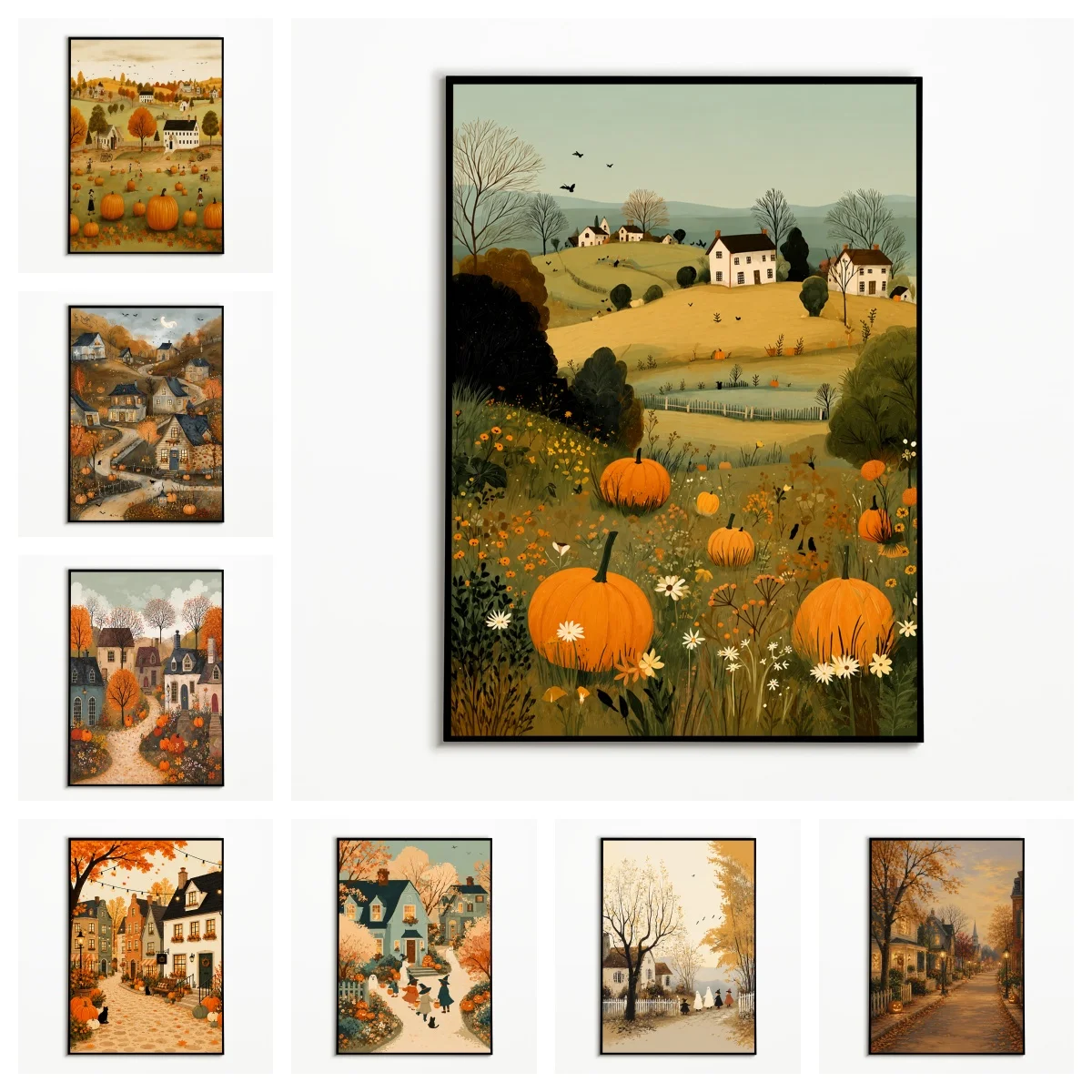 1pc frameless,1PC Autumn Rural Pumpkin Fields Poster Thanksgiving Harvest Wall Art  Halloween Town Street Scene Canvas Printing