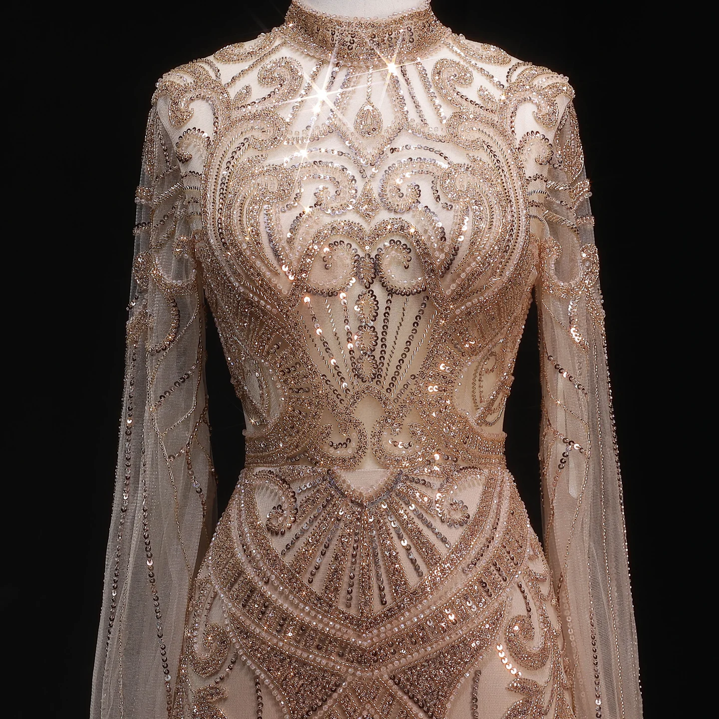 Sharon Said Abendkleider Luxuriöse Meerjungfrauenkleider mit Hohem Kragen und Langen Ärmeln, Funkelnde Pailletten-Formelle Kleider für Abschlussball und Party, Elegantes SS055 Maßgeschneidert – Detail 6