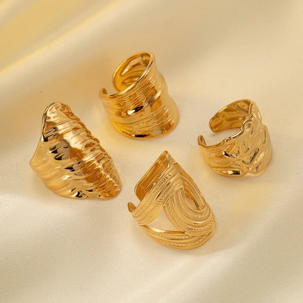 

Fashion irregular Ins style hammered texture minimalist ring, stainless steel ring, 18k gold plated unisex rings wholesale.