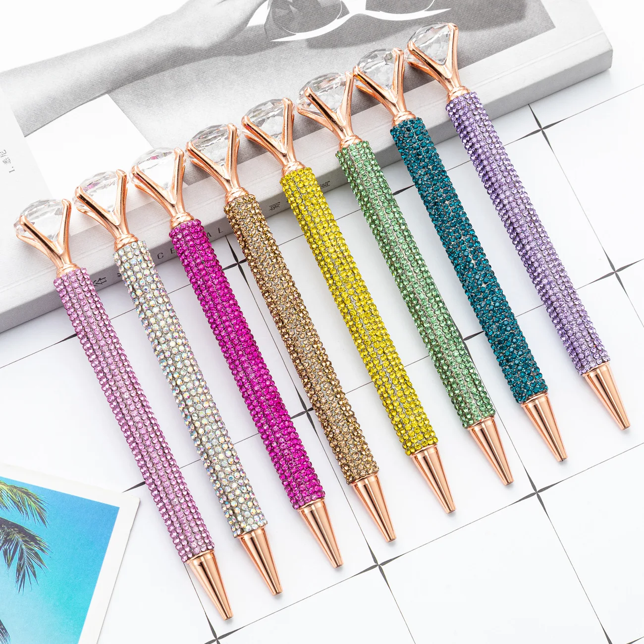 15Pcs Bag Drill Great Diamond Ballpoint Pen Girl Student Stationery Rotating Metal Pen Crystal Diamond