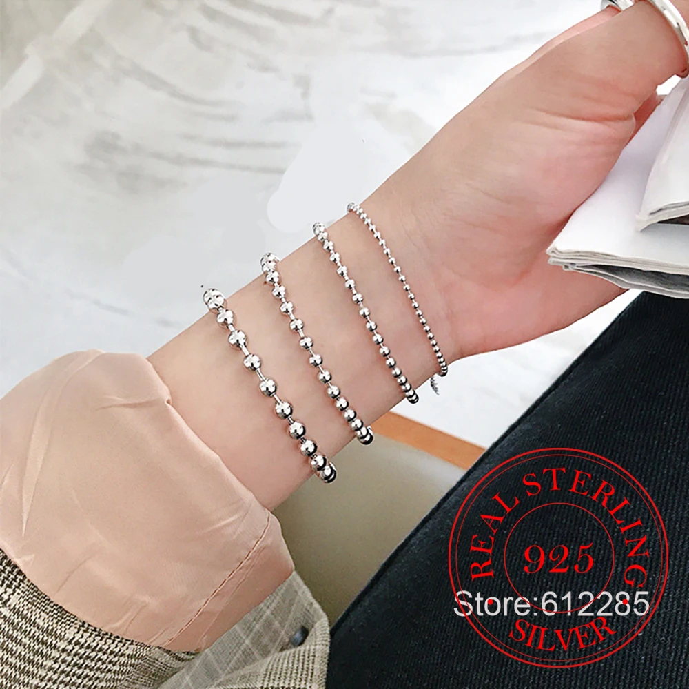 925 Sterling Silver Bead Ball Charm Bracelet 4mm 6mm 8mm 10mm Bracelet for Women Fine Jewelry for Banquet Wedding Anniversary