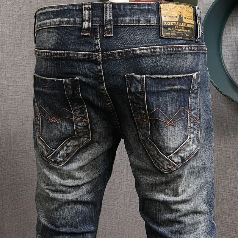 Fashion Designer Men Jeans High Quality Retro Black Blue Stretch Slim Fit Ripped Jeans Men Embroidery Patched Vintage Pants