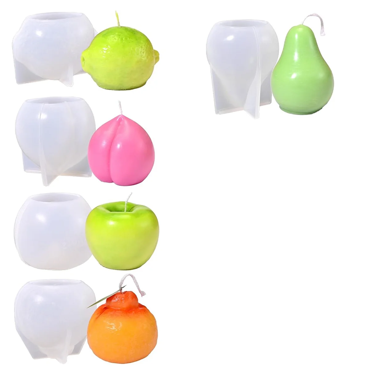 ABXK Juego de 5 moldes para velas de frutas, moldes de silicona 3D, pera, naranja, limón y melocotón para hacer velas, jabón de velas DIY