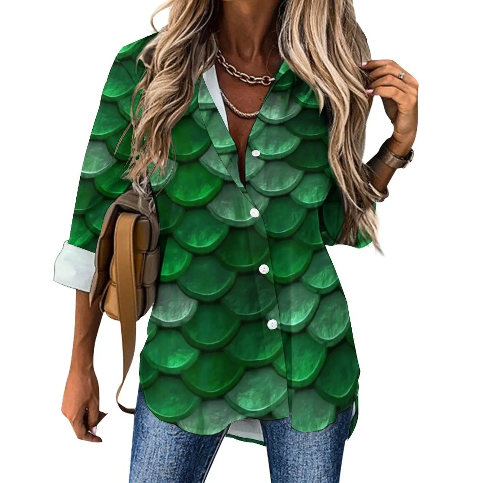 Green Mermaid Scales Casual Blouse Long Sleeve Metallic Colorful Funny Blouses Woman Classic Oversize Shirts Top Birthday Gift